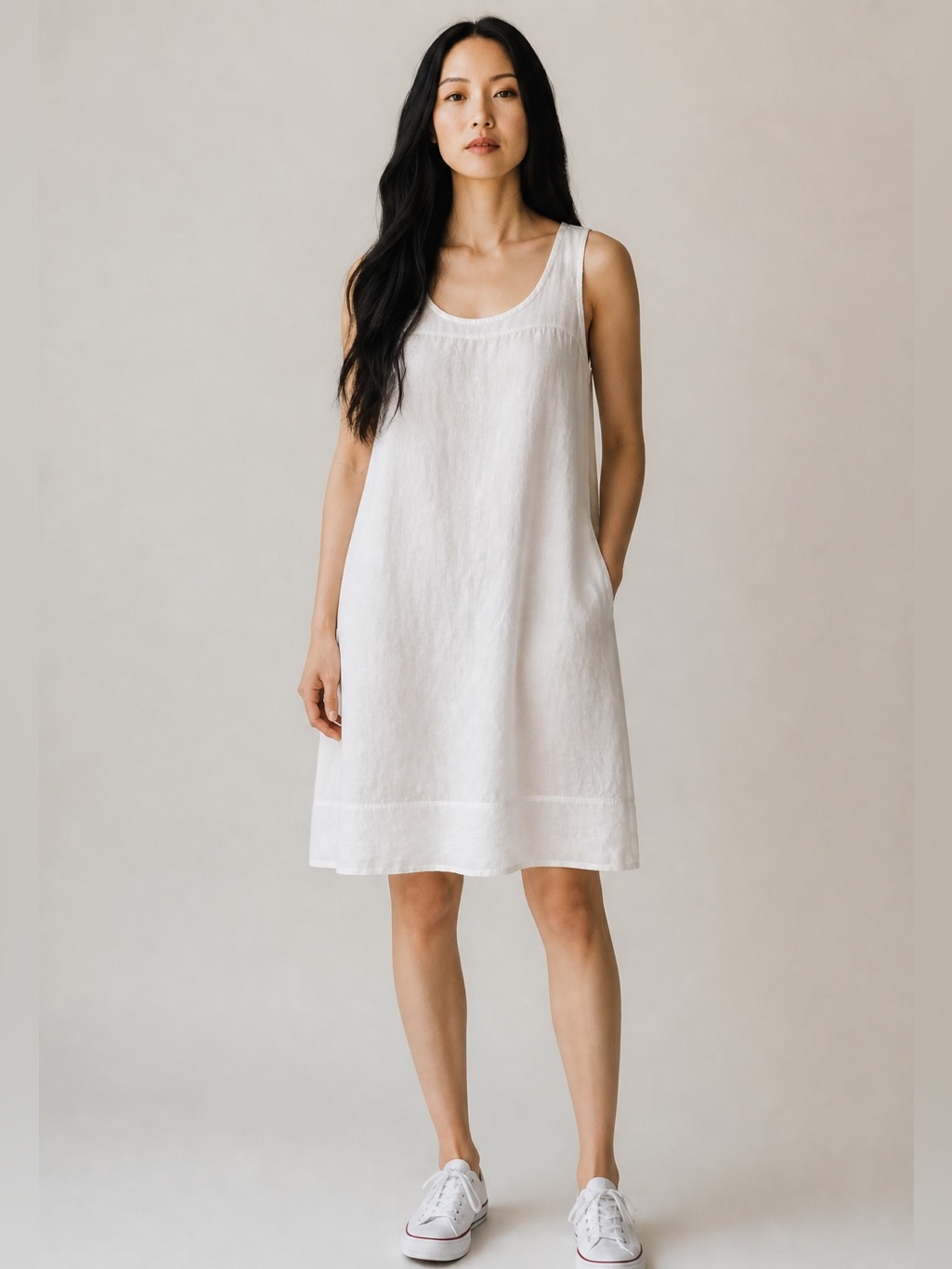 Flax White Linen Sleeveless Shift Dress Sheer Panel Detail Size Medium